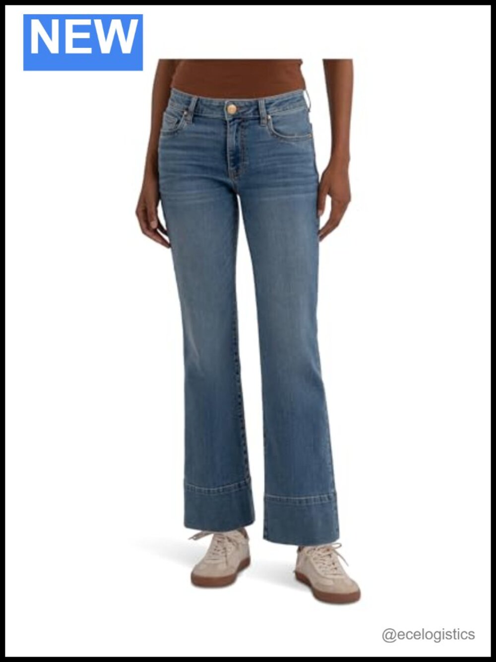 Mid-Rise Kick Flare Wide Hem Jeans Button Fly Stretch Denim